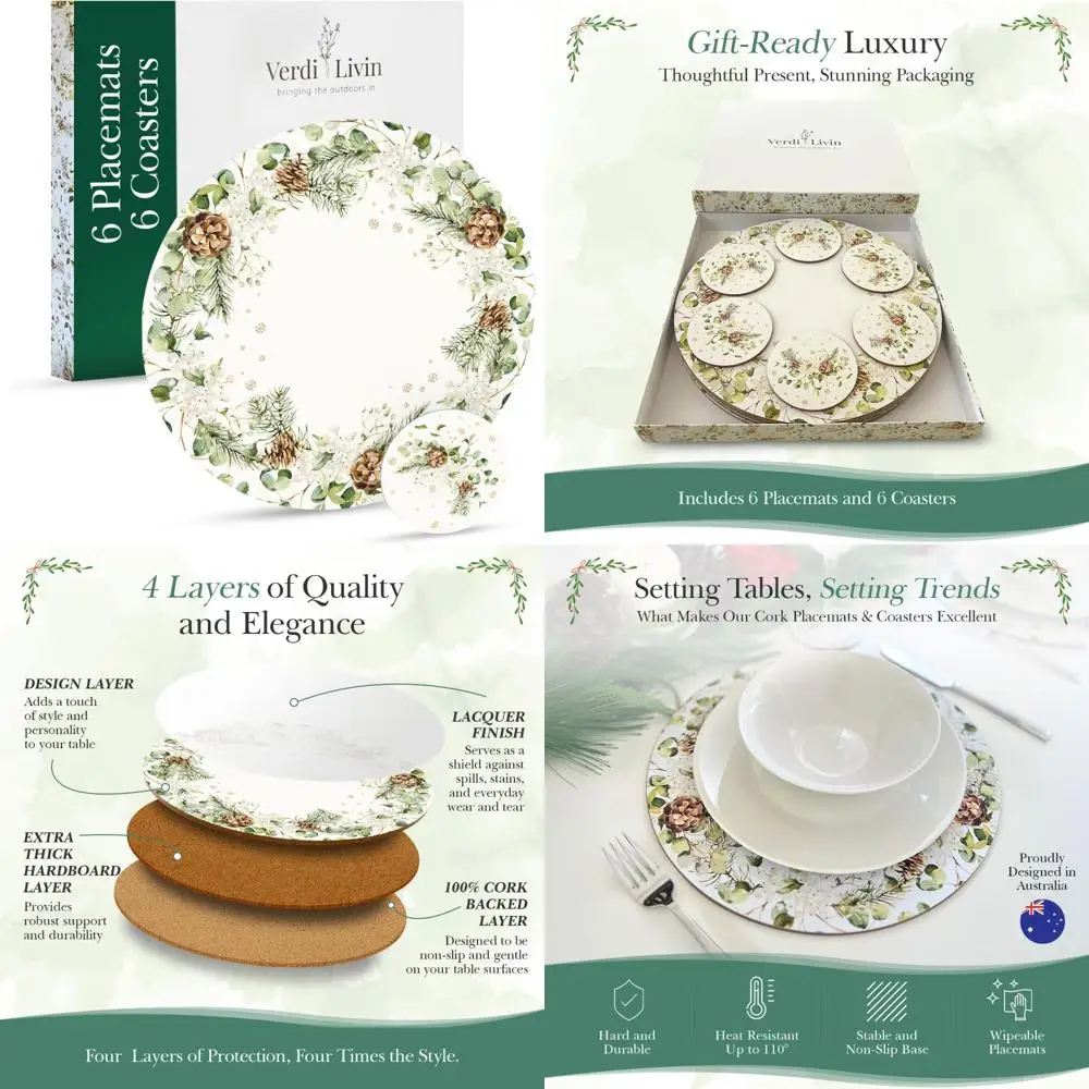 

Heat Resistant Cork Placemats Set of 6 with Matching Coasters, Dining Table Mats, Cork Backed, Wipe Clean, Perfect for Everyday