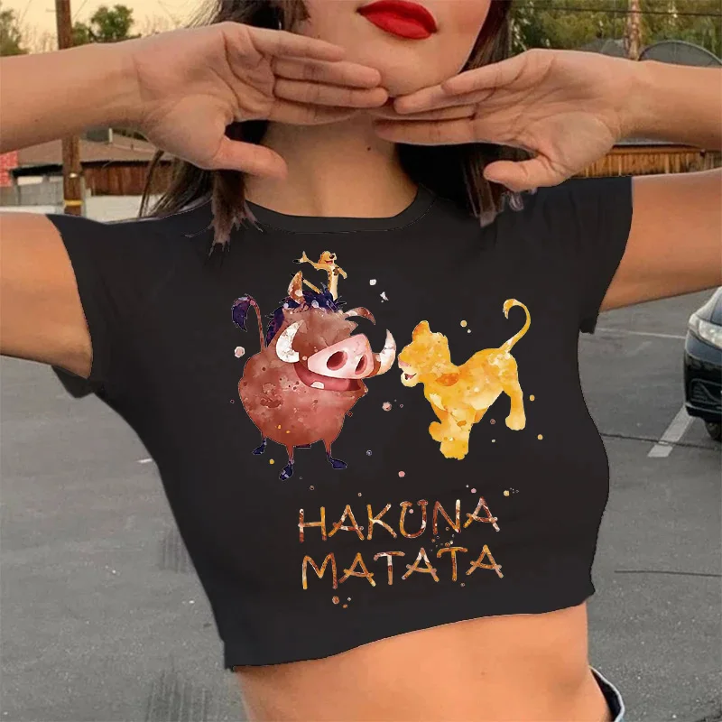 Kaus Crop Top lucu 90s kaus Disney The Lion King Crop Kawaii T-shirt Hakuna Matata Tshirt Atasan wanita pakaian wanita