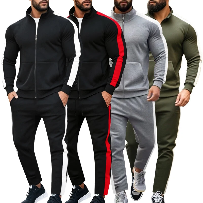 بدلة رياضية للرجال مكونة من قطعتين من ملابس رياضية معطف بسحاب مع جيب كانجا بنطال رياضي للركض