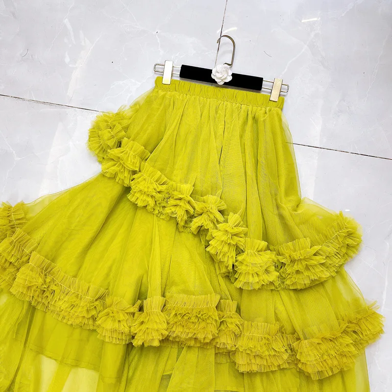 Falda de medio cuerpo acampanada Irregular con volantes de malla amarilla de cintura alta elástica nueva tendencia de moda para mujer primavera otoño 2025