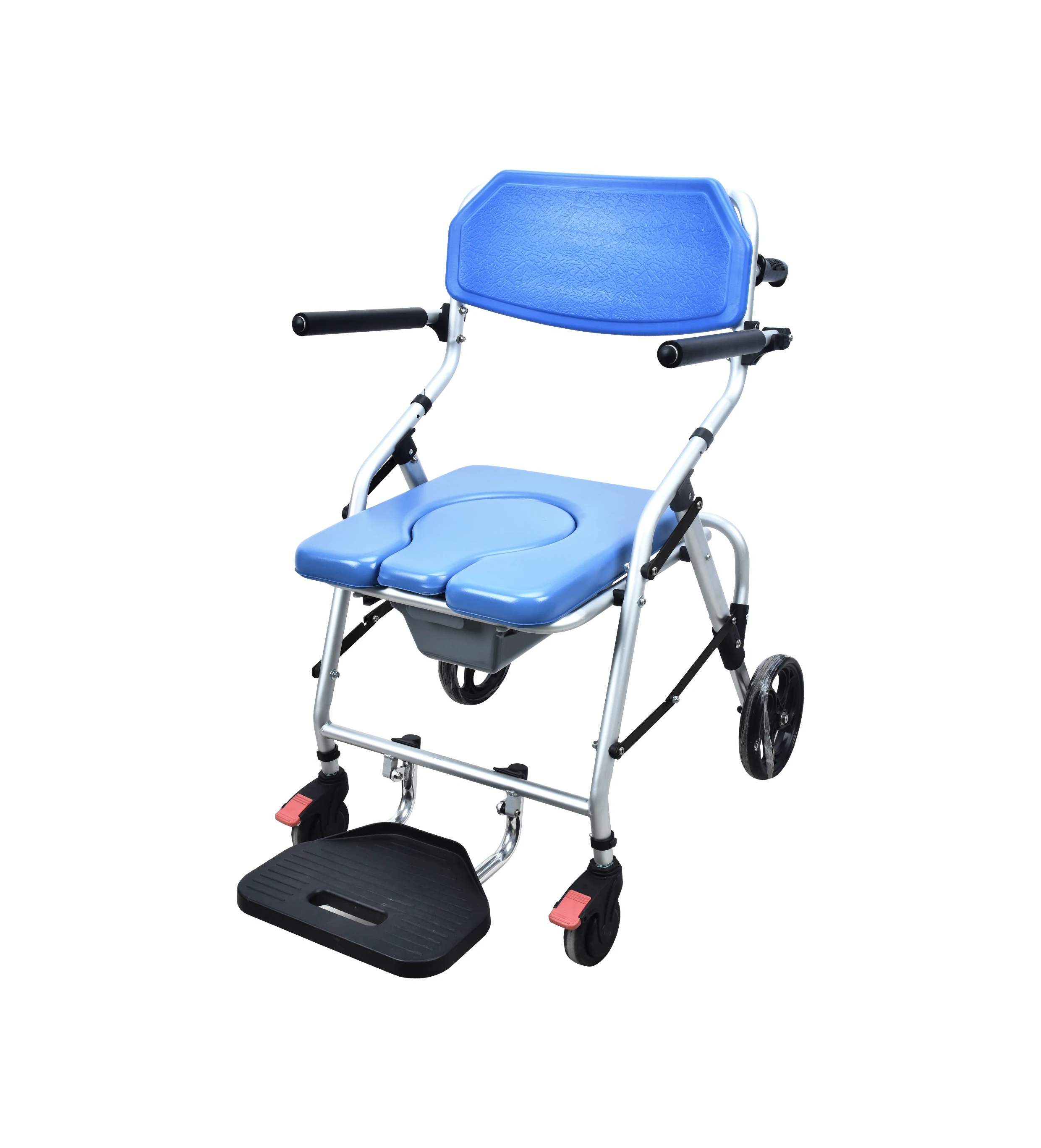 Multifunction Medical Aluminum Folding Commode Chair, 4 Wheels, Footrest, Elderly Handicap Shower Bedside, Portable Toilet Aid