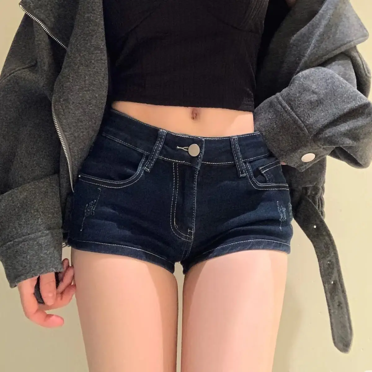 

American Style Sexy Retro Spicy Girl Low Waist Shorts Denim Super Shorts Women Summer Wear-Ripped Elastic Tight Hot Pants