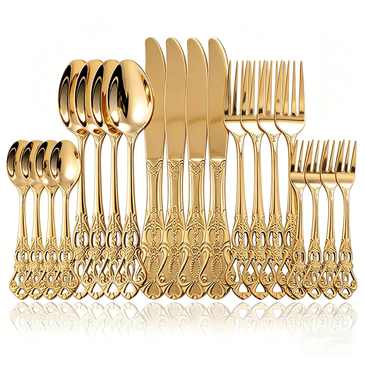 

20Pcs Gold Stainless Steel Cutlery Set Royal European Spoon Fork and Steak Knife Retro Hollow Design Dinnerware Luxury Tableware