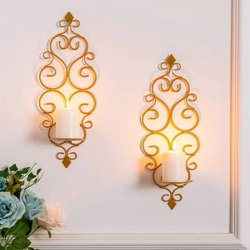 2pcs Iron Wall Mounted Gold Candle Holder Wall Hanging Wedding Decoration Hotel Living Room Retro Sconce Candlestick Home Decor