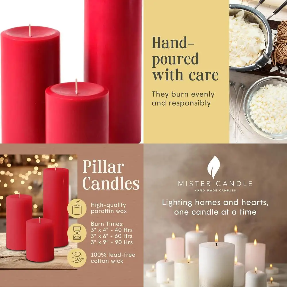 

Unscented Dripless Red Pillar Candles Set of 3, Hand Poured 3 Inch Candles, Premium Wax, Decorative Pillars, (3" x 4", 3" x 6",