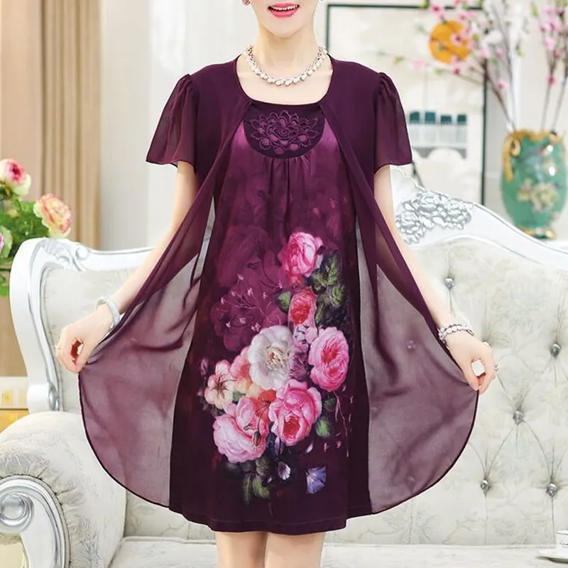 Vintage, w kwiaty sukienka Midi z nadrukiem w stylu Casual, z haftami 2023 lato fałszywe dwuczęściowe damskie ubrania patchworkowe sukienki z