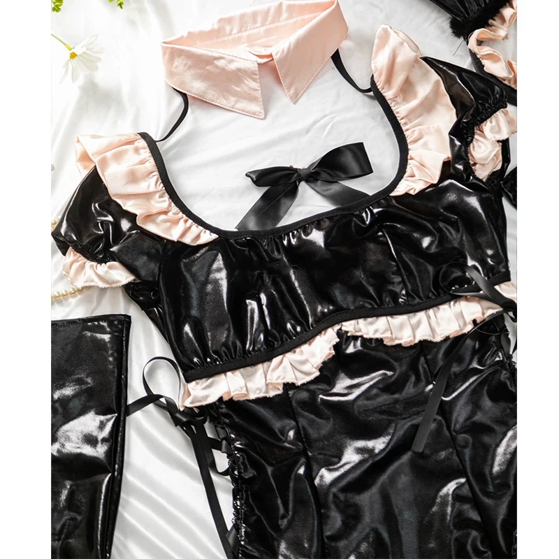 براءات الاختراع والجلود القوس تكدرت حللا قفازات فتاة Crotchless المثيرة الدانتيل دعوى ، بو الأرنب خادمة الملابس الداخلية مثير الساخن تأثيري ازياء