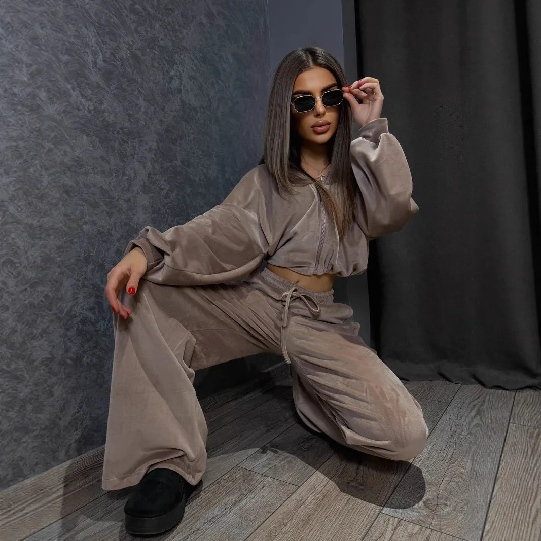 Women Fall Winter Hooded Sweatshirt Set Casual Two Piece Outfit New