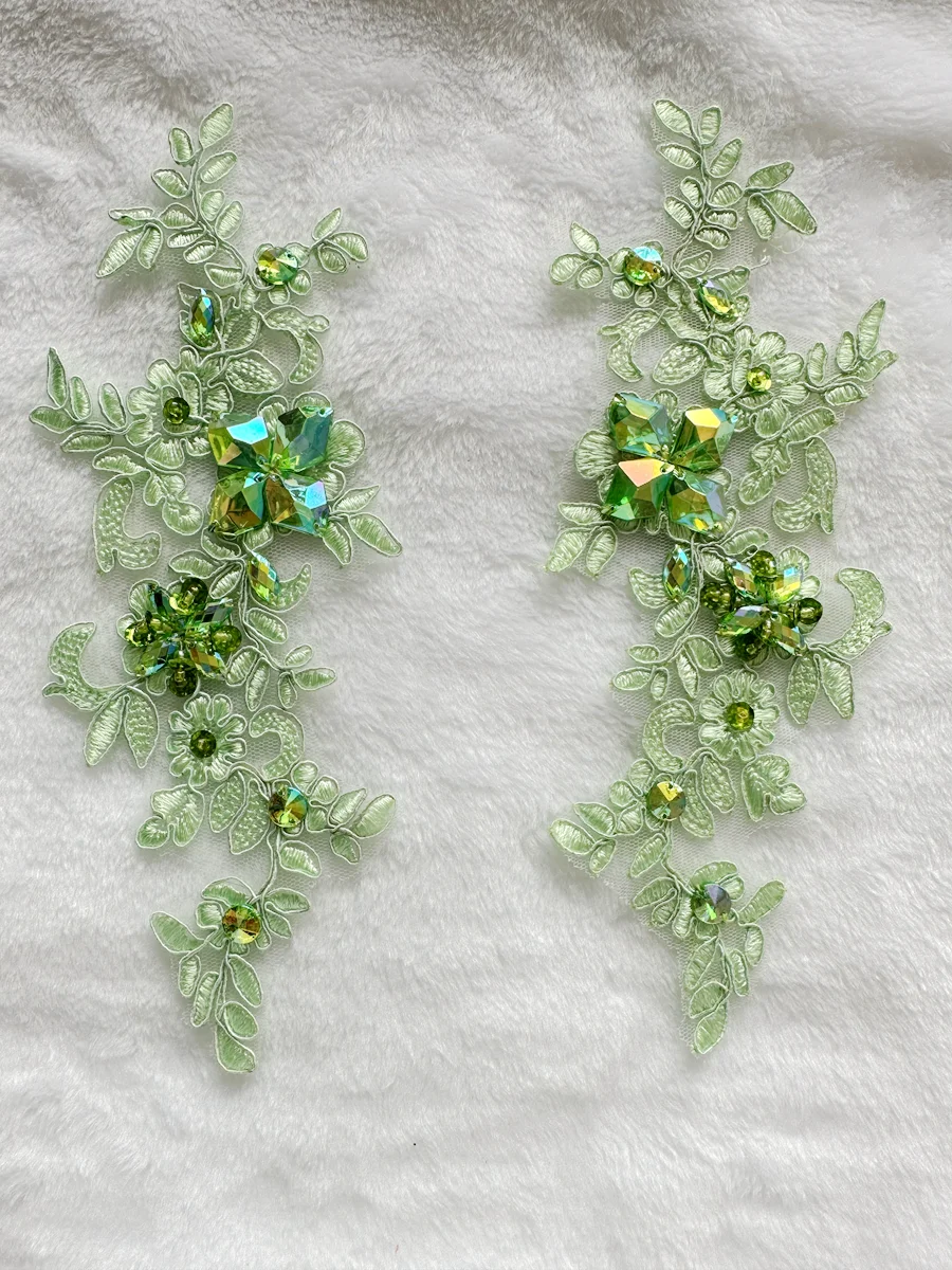 Light Green Appliqued Beading Diamond Apparel Decoration Dress Fabric Luxury Handmade Sequin Rhinestone Material