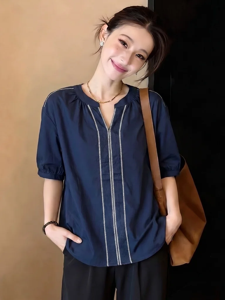 

Elegant Dark Blue V-Neck Short Sleeve Shirt Women's plus Size Summer New Style Slimming Tummy Covering Top Korean Style Commute
