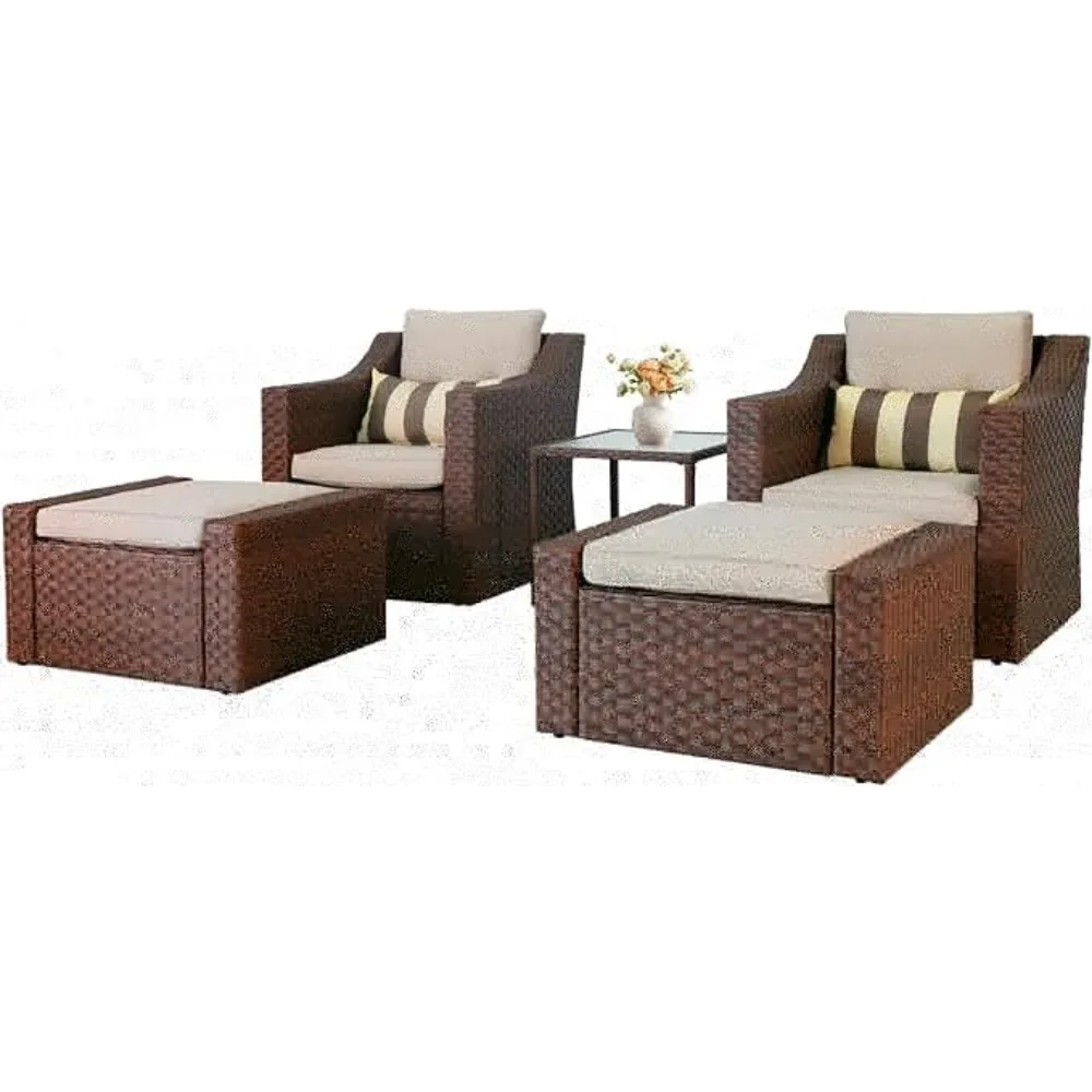 

5 Piece Patio Conversation Set Outdoor Furniture Set, Brown Wicker Lounge Chair with Ottoman Footrest, W/Coffee Table & Cushions