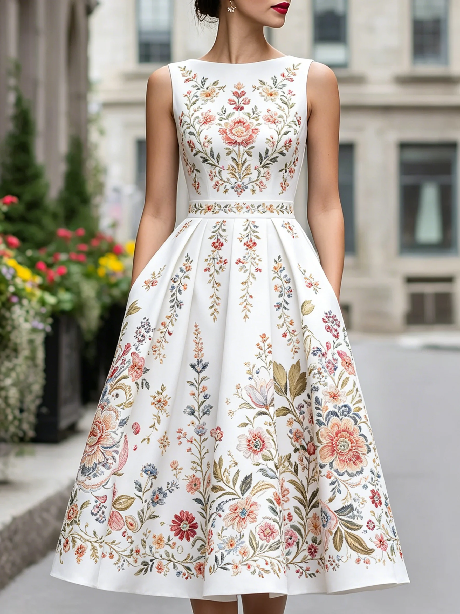 Modisches Sommerkleid für Damen, ärmellos, abstrakter Druck, tailliert, A-Linie, Midikleid, lässig, Urlaub, Party, Straße, klassische Kleidung