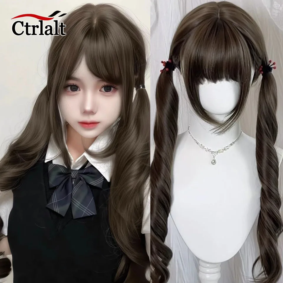 

Длинный вьющийся парик Лолиты Kawaii с хвостиком, синтетический косплей, вечерние, Harajuku, блондинка, коричневый парик с челкой для женщин, повседневная одежда