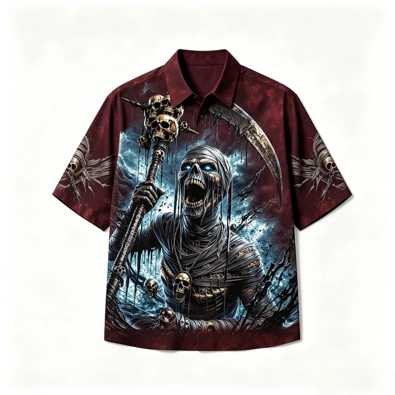 Halloween Men Gothic Horror Shirt 3D Mummy Reaper Scythe Skull Print Polyester Short Sleeve Button Up Lapel Shirts Punk Street