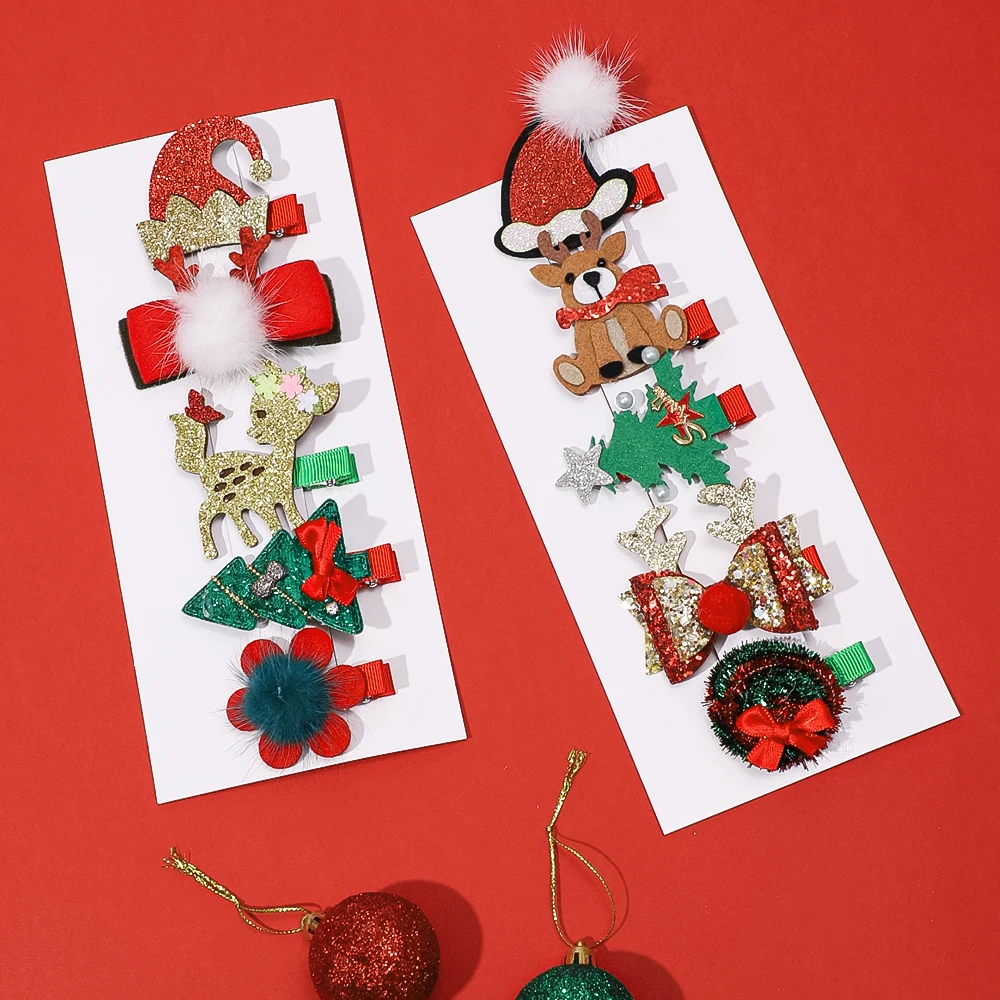 

5pcs/Set Snowman Christmas Tree Santa Claus Hairpin Cartoon Charms Duckbill Hair Clips for Women Girls Kids Xmas Party Headdress