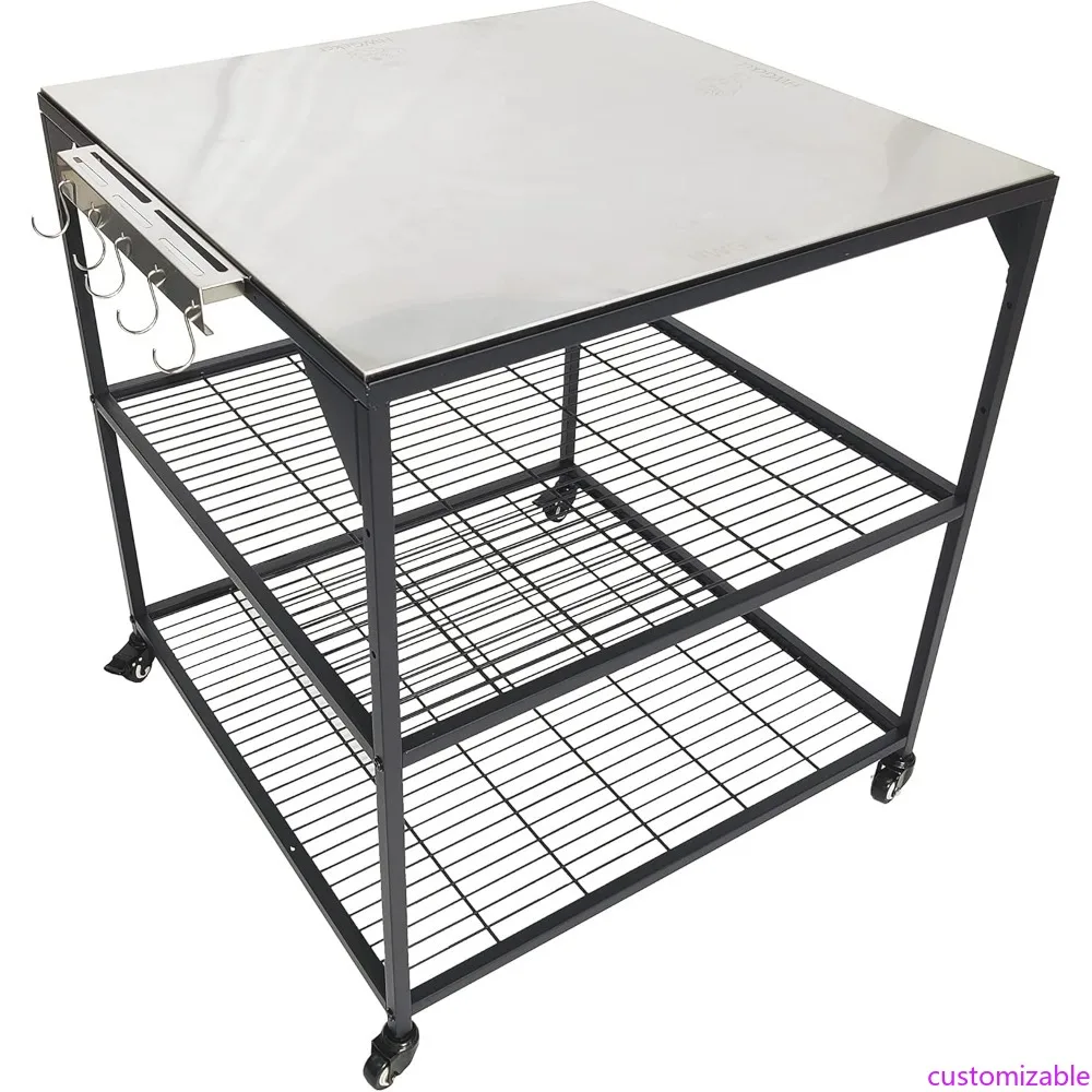 

Portable Outdoor Stainless Steel and Steel Dining Cart with Three Shelves, Pizza Oven, and Heavy-Duty Grilling Station