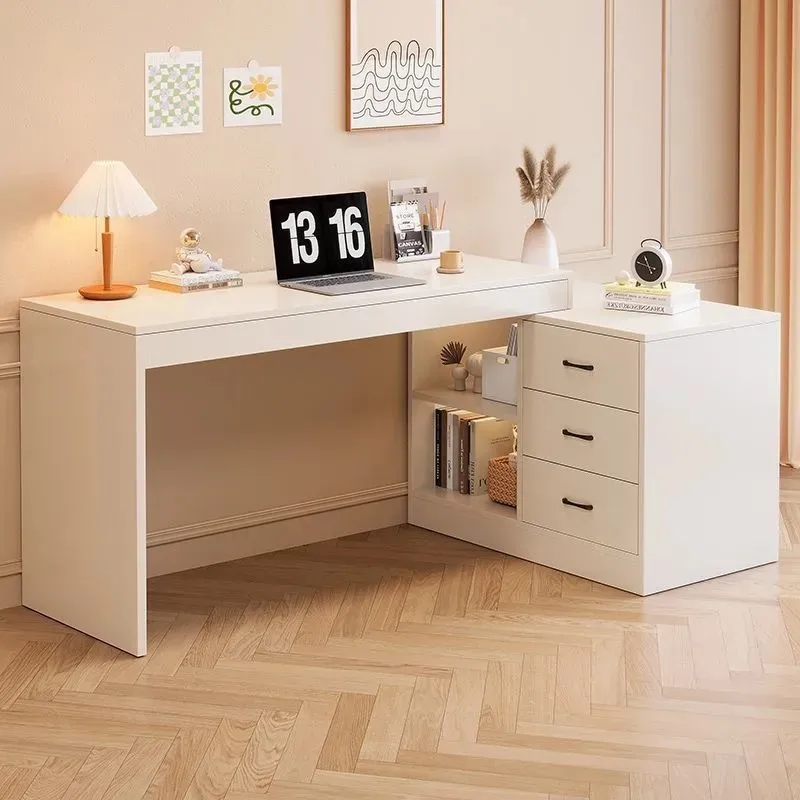 

#Modern white computer desk with open storage and 3 layers of drawers, thickened wood eco-board | European Union CE certified