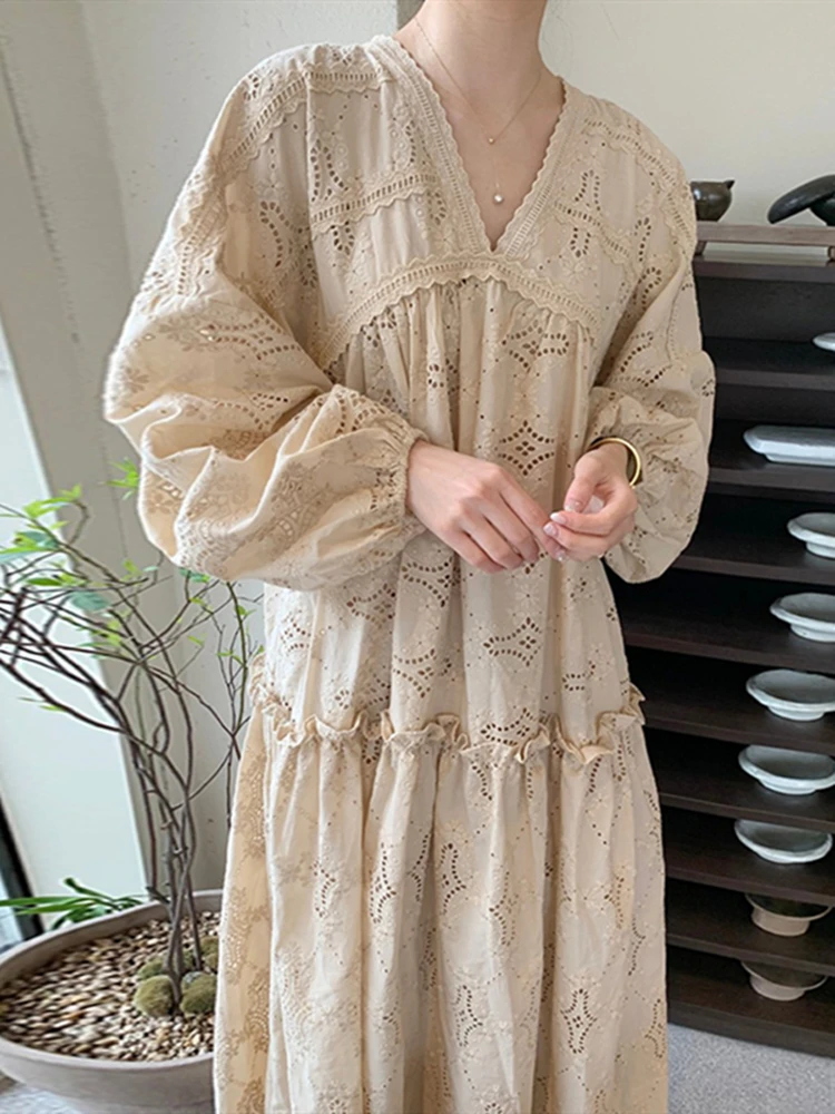 

Embroidery Lace Elegant Puff Women Dress Party Vintage 2022 Luxury A-Line Long Sleeve Spring Autumn Woman Dresses High Waist