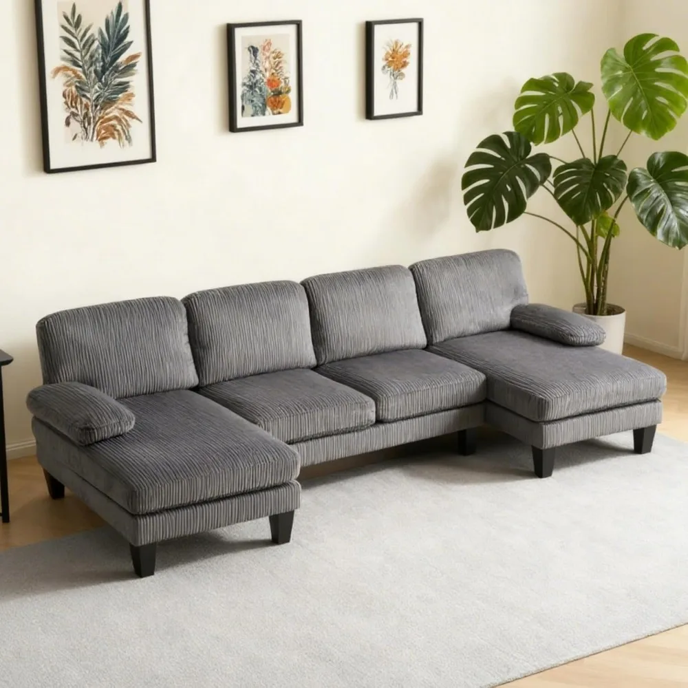 

U-Shape Sectional Sofa Couch 111 Modern 4-Seat Sofa with Chaises Corduroy Fabric Upholstered Covertible Couch.