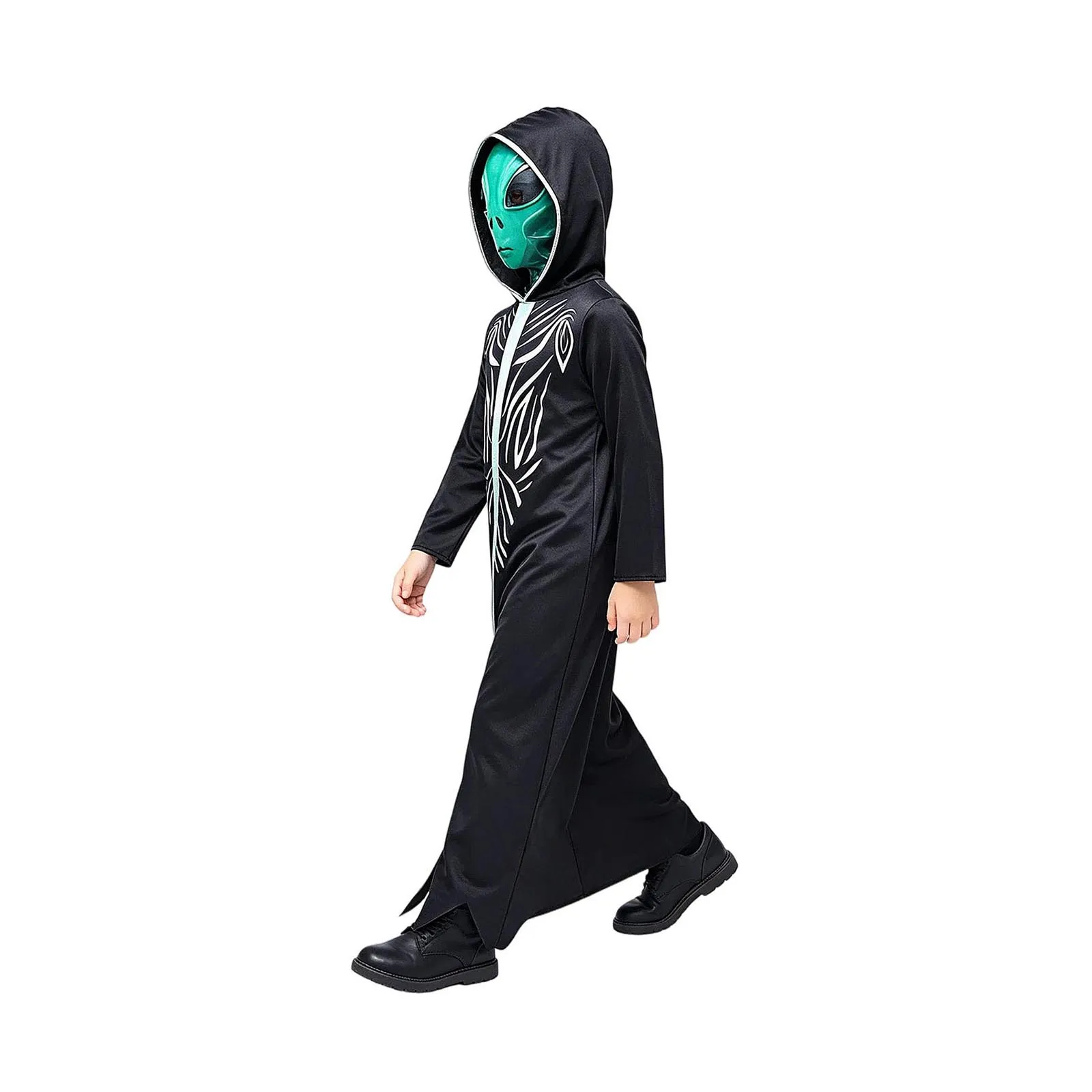 Boys Girls Alien Cosplay Costume Set Long Sleeve Hooded Robe with Head Cover Headpiece for Halloween Dress-up Stage Performance