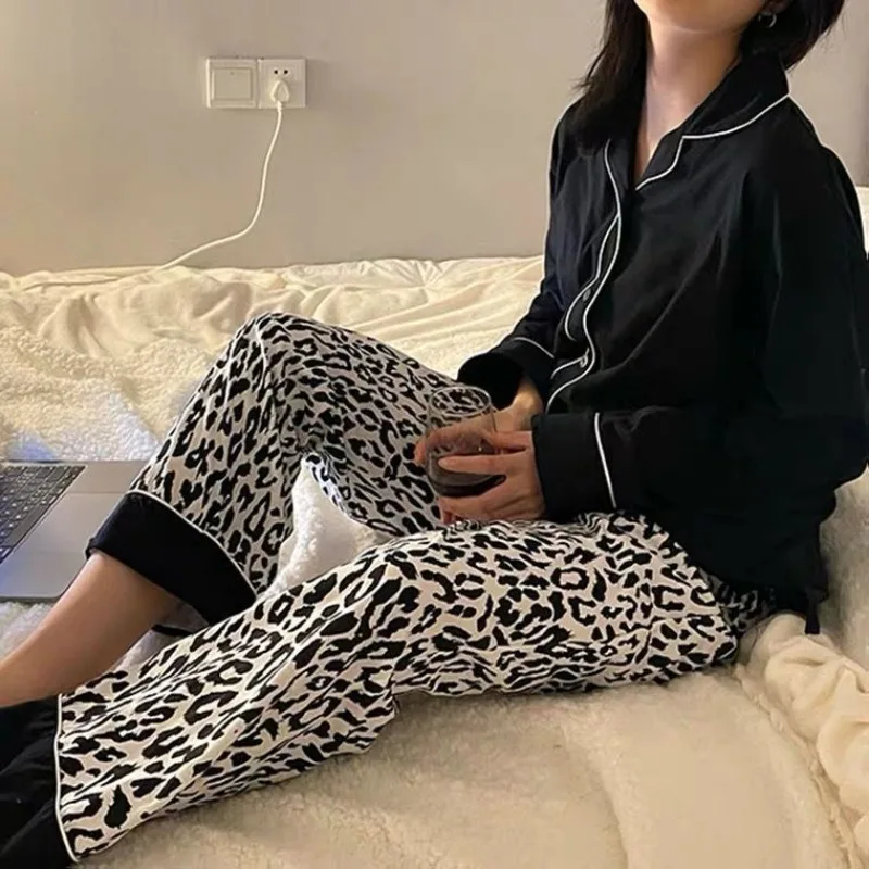 Leopard Two-piece Set Pajamas for Women 2024 New Autumn Faux Cotton Classy Female Sleepwear Long Sleeve Fashion Casual Homewear