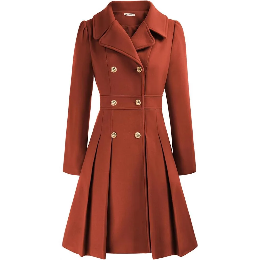 Pea Coat Style Thickened A-Line Double Breasted Coat with Pockets Lined Open Front Long Sleeve Women's Outerwear Casual Business