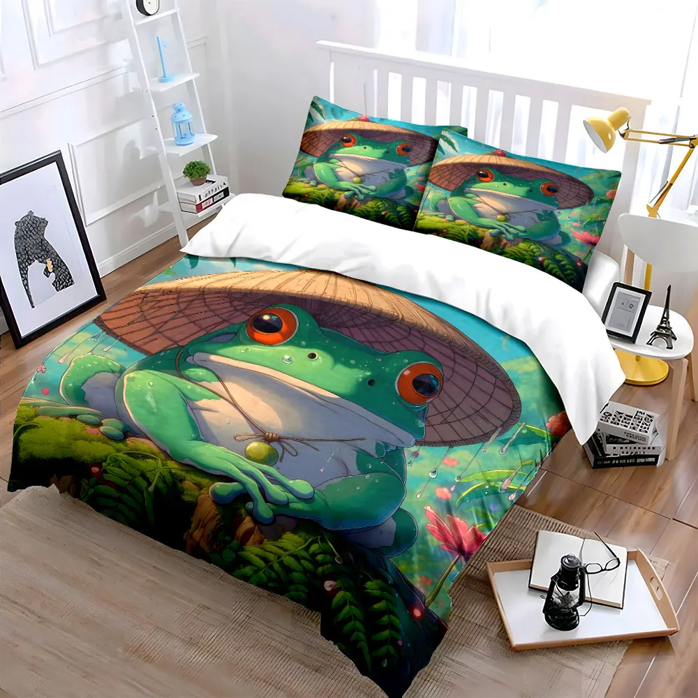 Frog wearing hat on green grass Bedding Set for Kids Luxury Gift 3pcs Digital Print Comforter Set Soft Comfortable Breathable