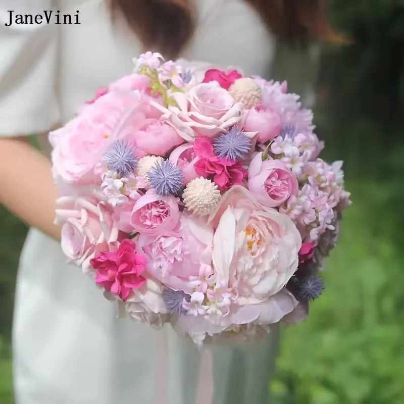 

JaneVini Romantic Pink Wedding Flowers Bouquets Artificial Bridal Peony Rose Bouquet Bride Accessories buquê rústico para noivas