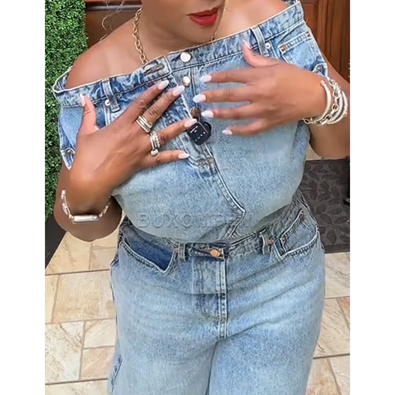 جمبسوت نسائي أنيق من قماش الدنيم بنطلون مرفوع للصدر سروال دينم أنيق مع لف الورك ملابس نسائية يومية 2025 ملابس الشارع #6