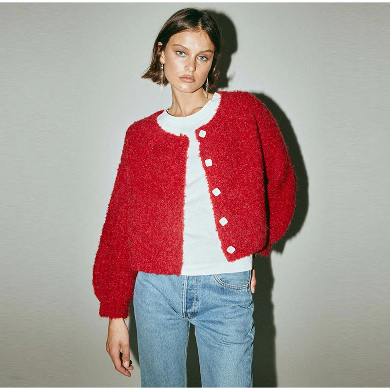 Retro Plush Single Breasted Cardigan Women Elegant Loose Solid O-neck Short Sweaters Female Winter Autumn Chic Street Knitwear