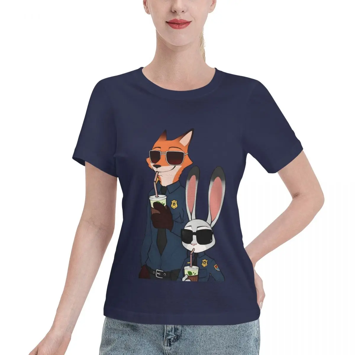 

Zootopia-Nick-Judy Women's 100% Cotton Short Sleeve T-shirt Top Loose Tshirt