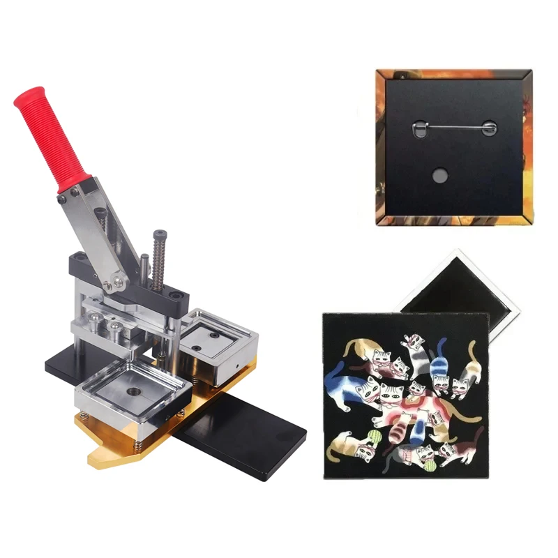 63.5x63.5mm Square Refrigerator Badge Press Machine Rotating Metal Sheetl with Paper Cutter and 100 PCS Magnet Parts