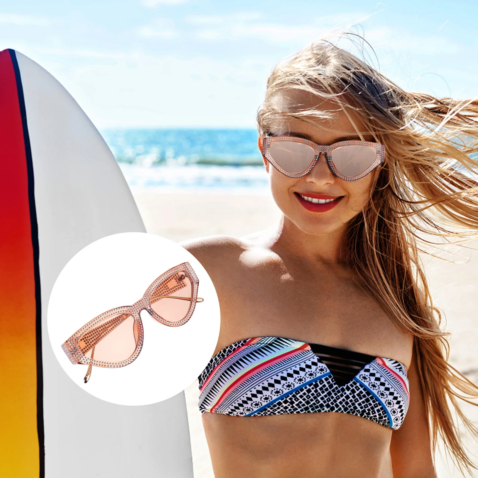 

1Pair Metal Frame Sunglasses Inlaid Fake Diamonds Uv Protection Stylish Eyewear for Women Beach Party Fashion