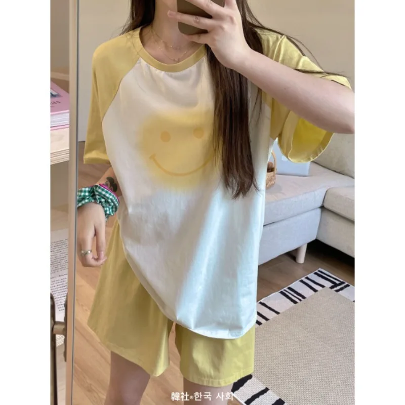 Women Summer Pajama Set Student Cartoon Short Sleeve Shorts Two-Piece Set Thin Homewear Girls Also Suitable Casual Outfits Lady