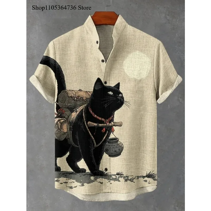 

Мужская рубашка в японском ретро-стиле с принтом черной кошки, с коротким рукавом, воротником-стойкой, на одной пуговице, повседневная, для отпуска