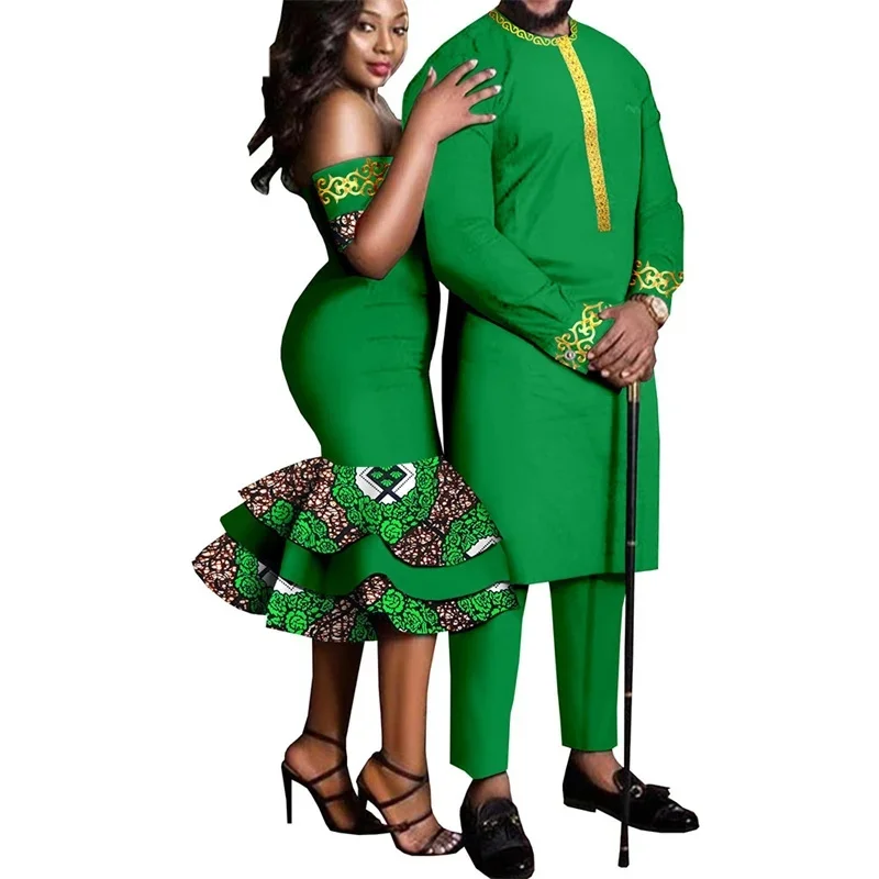 New Fashion African Clothes for Couples Women Slim Mermaid Dresses Match Men Outfit Top and Pants Sets Bazin Riche Party Vestido