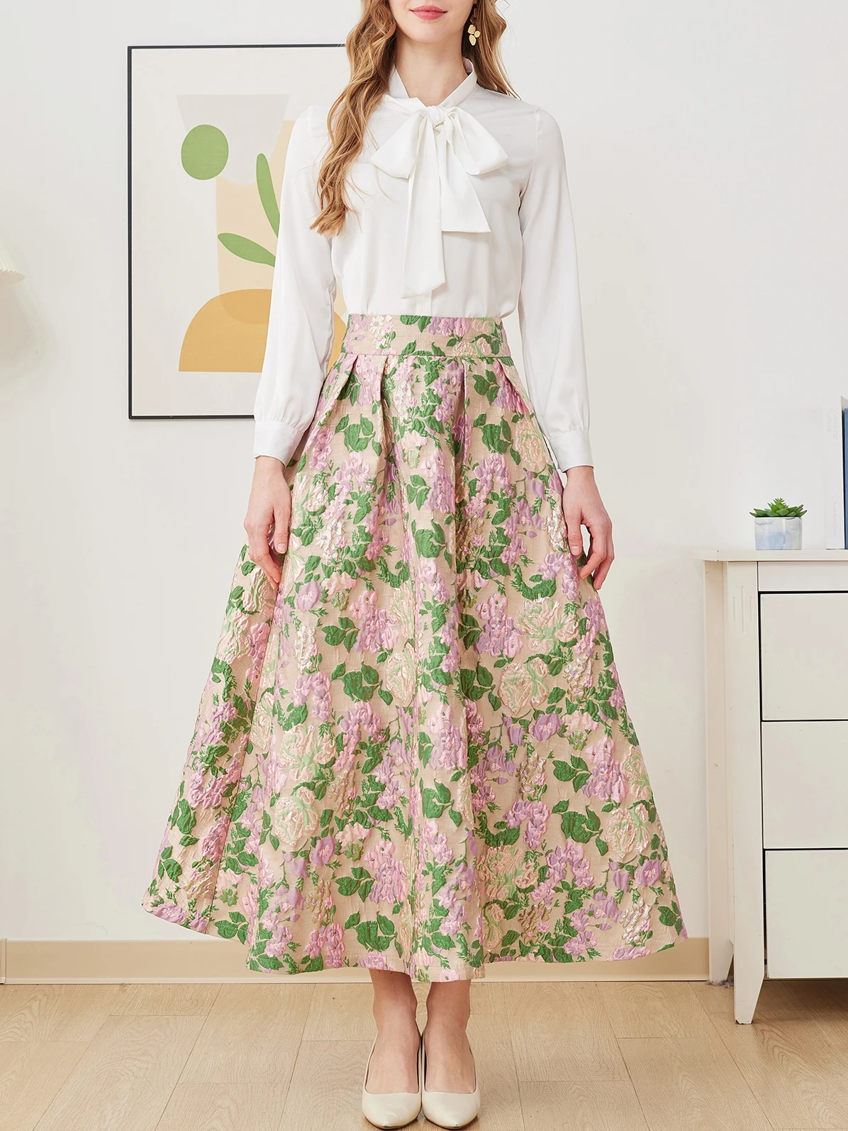 

2026 Весенняя макси-юбка трапециевидной формы с высокой талией и расклешенным краем в стиле ретро — комплект из двух предметов для похудения / чаепития / свидания