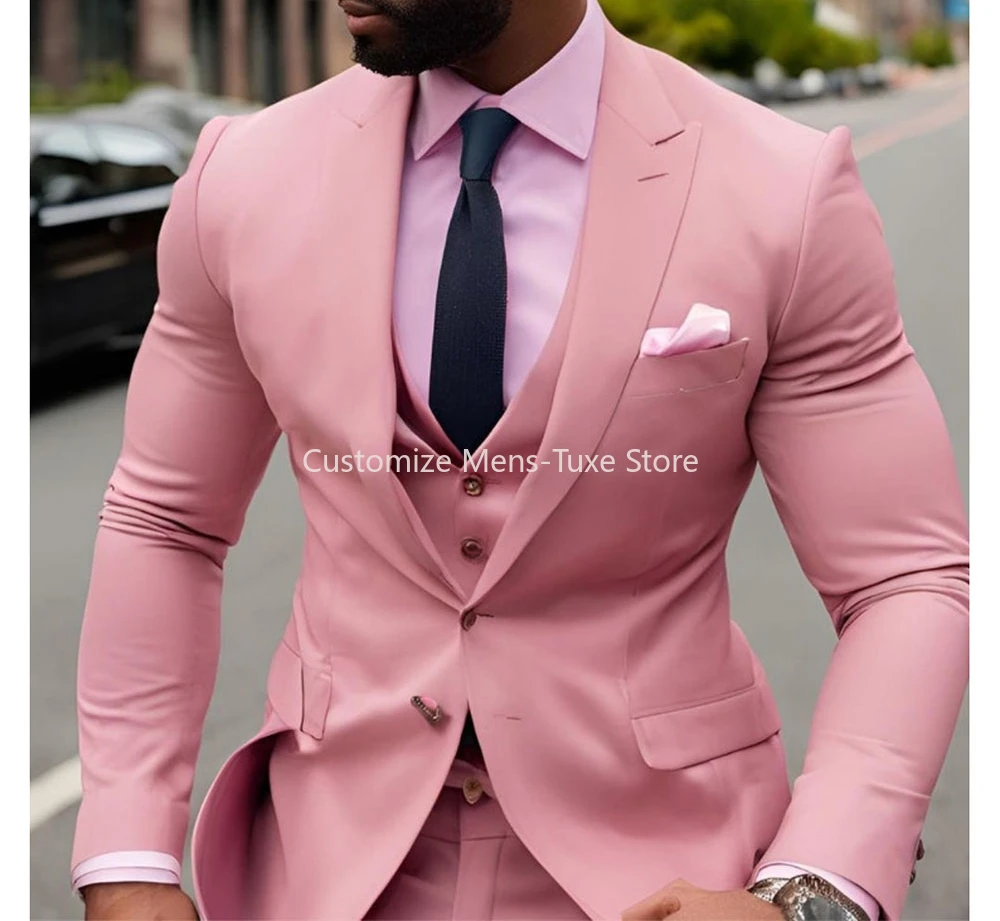 

Pink Suits for Men Luxury Prom Party Full Sets Single Breasted Peak Lapel Slim Fit Male Clothing 2 Piece Jacket Pants