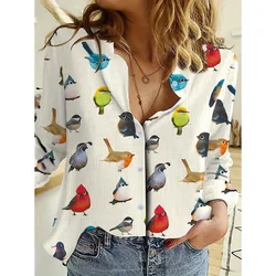 Women's Fashionable Single-Breasted Tops Birds Printed Long Sleeve Shirts Summer Button Basic Shirts Winter Spring Oversizesd