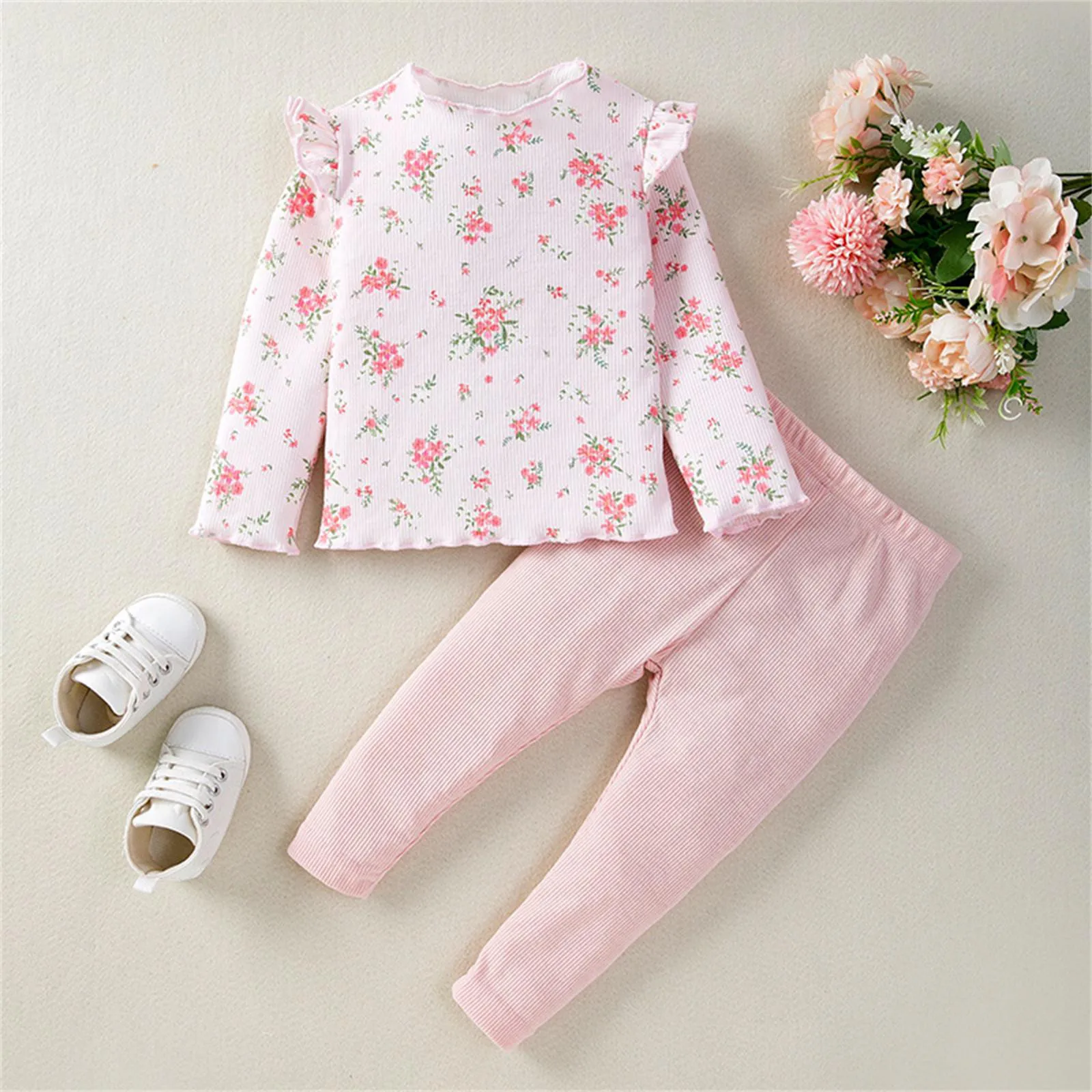 Spring Autumn Baby Girls Outfits Floral Print Long Sleeve Pullovers T Shirt+Long Pants Sets 2Pcs Clothes For Girls 0 to 3 Years