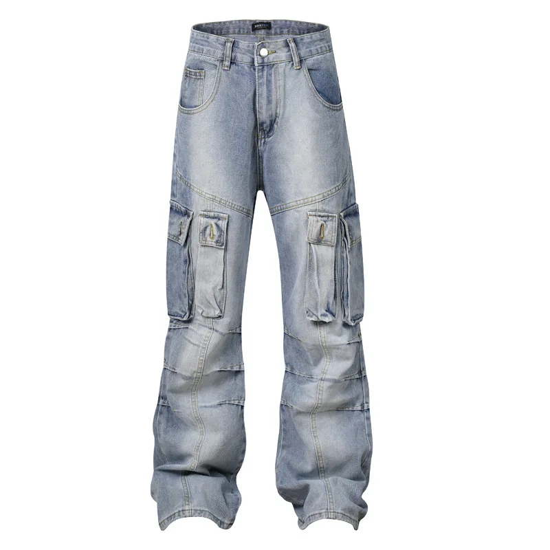 Men Fashion Oversized Hip Hop Cargo Jeans Pants With Multi Pockets High Street Loose Fit Y2K Denim Trousers Washed Retro Bottoms