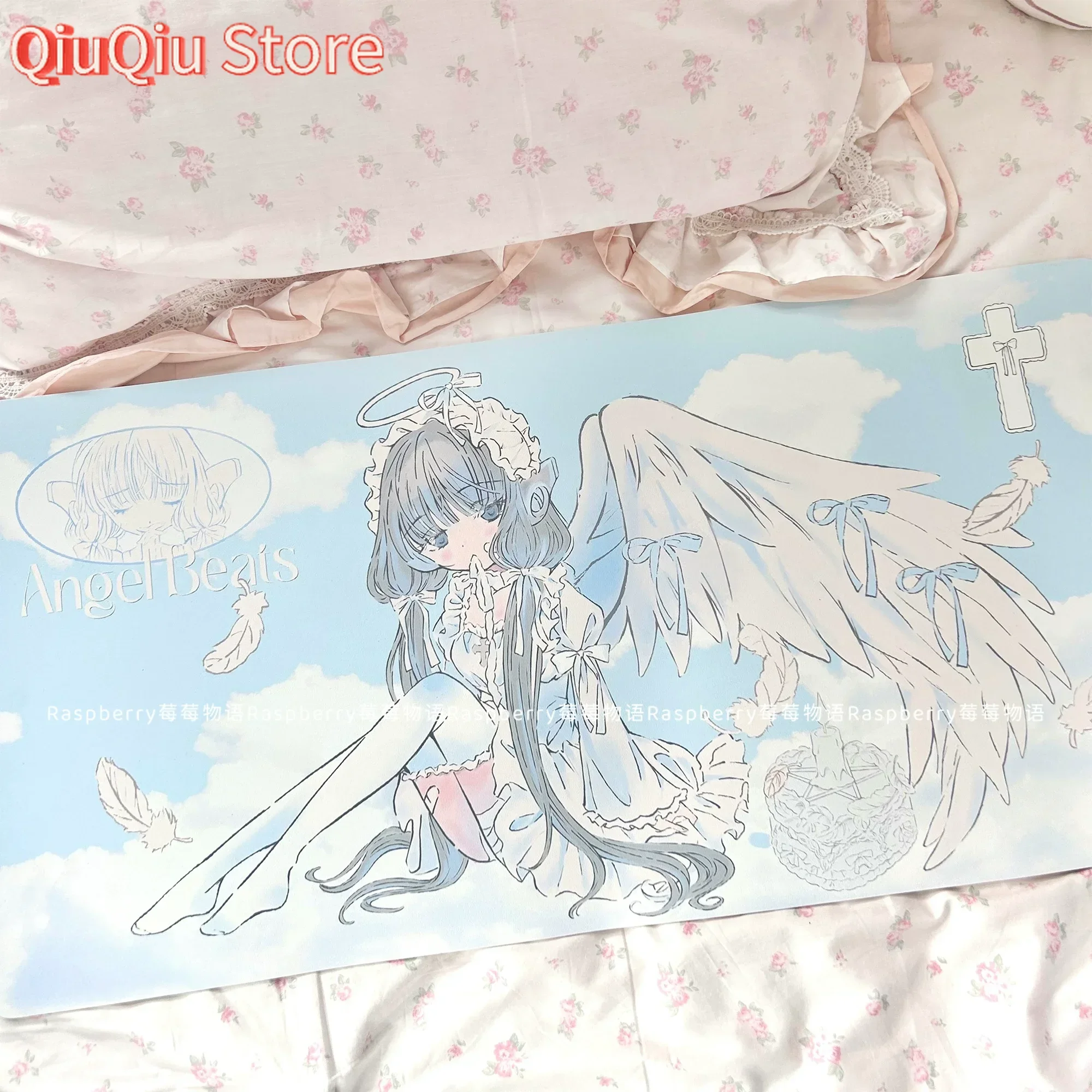 حصيرة مكتب من جلد البولي يوريثان باللون الأزرق المائي Angel Girl |   لوحة ماوس مقاومة للماء وغير قابلة للانزلاق على الطراز الياباني، ديكور كبير أصلي لطيف كاواي
