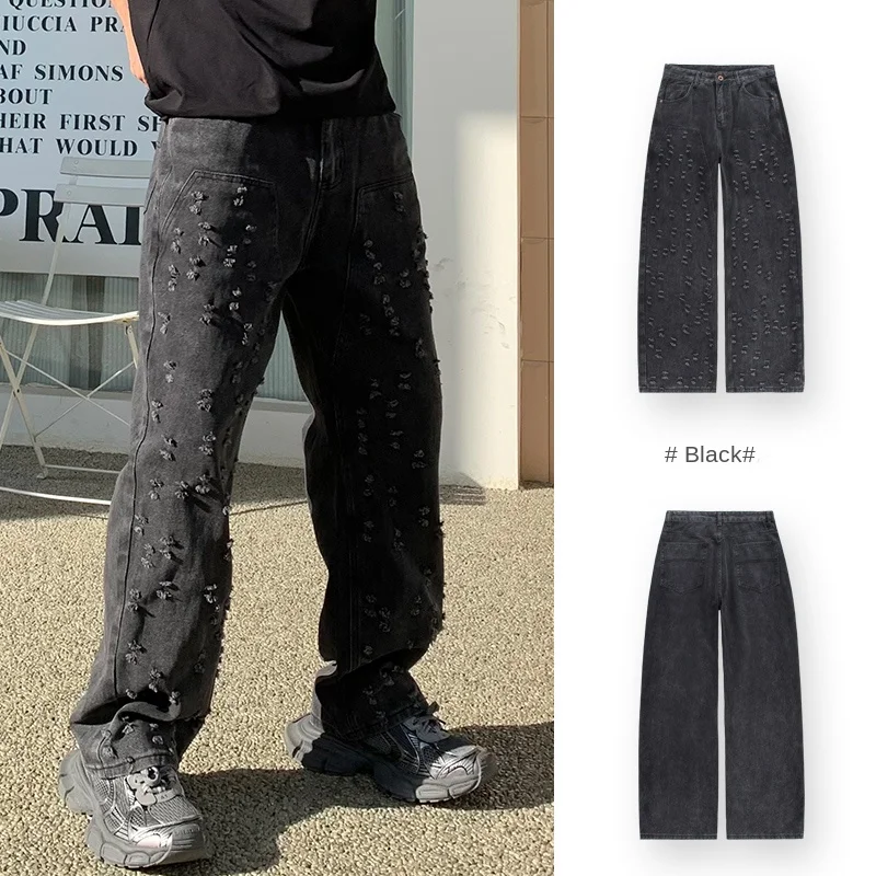 Jeans strappati jacquard neri, pantaloni larghi da uomo con gamba dritta street hip-hop con personalità giapponese Y2K