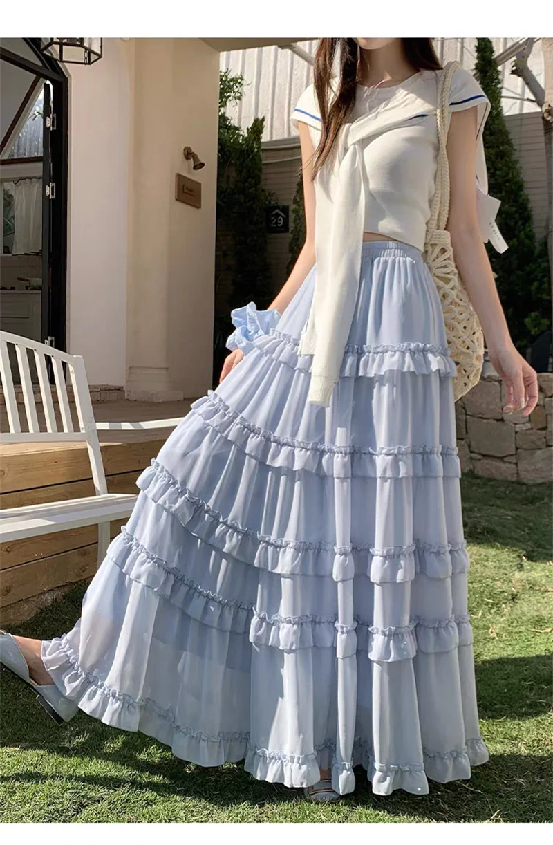 Saia Longa Maxi Feminina Plus Size 5XL, Moda com Cintura Alta, Elegante, com Babados e Barra Fluida, para Festa e Streetwear