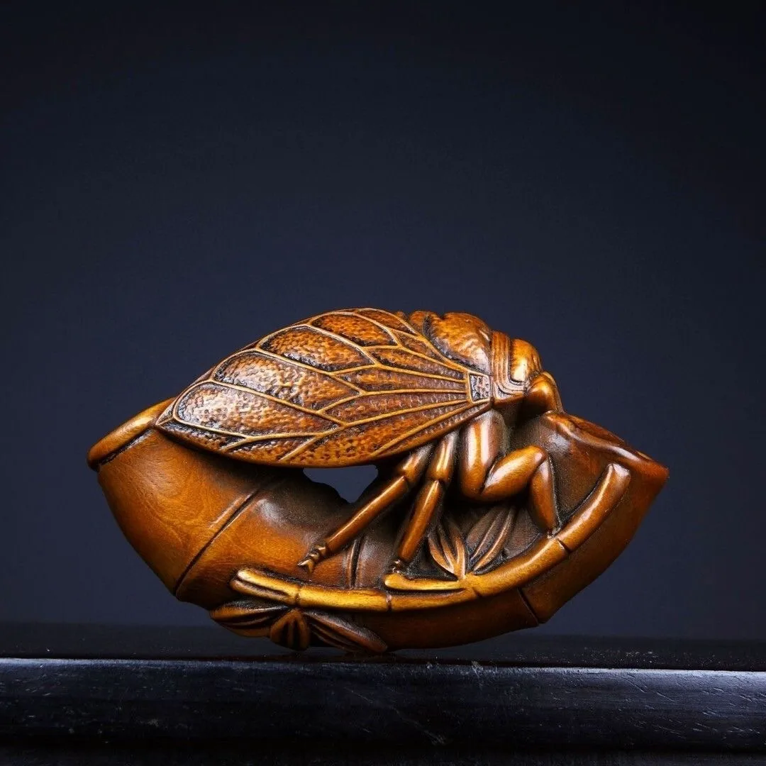 Natural Boxwood Hand Carved Cicada on Bamboo Figurine Wooden Sculpture Lucky Desk Decor Collectible Craft Ornament