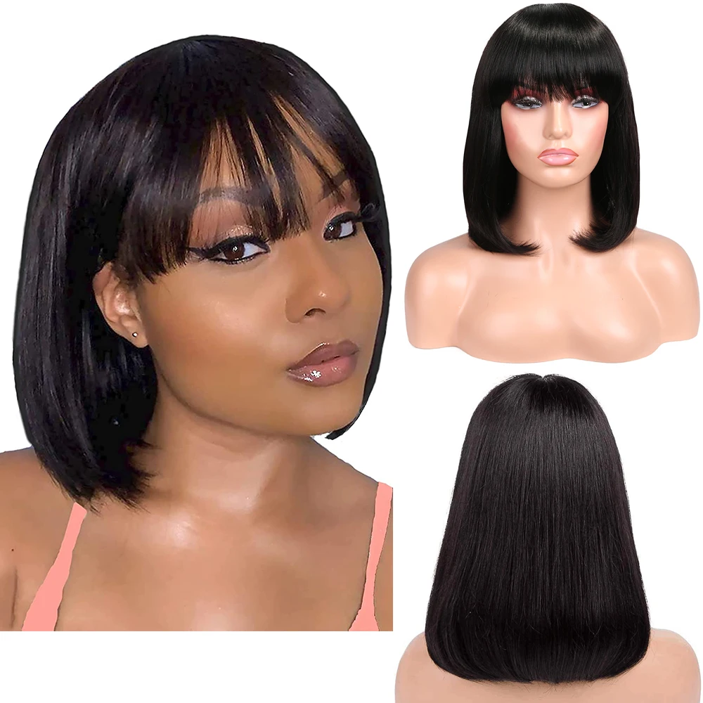 FAVE Short Bob Wig With Bangs Human Hair For Women Brazilian Straight Bob Wig Bangs Remy Glueless Wig Human Hair Ready to Wear