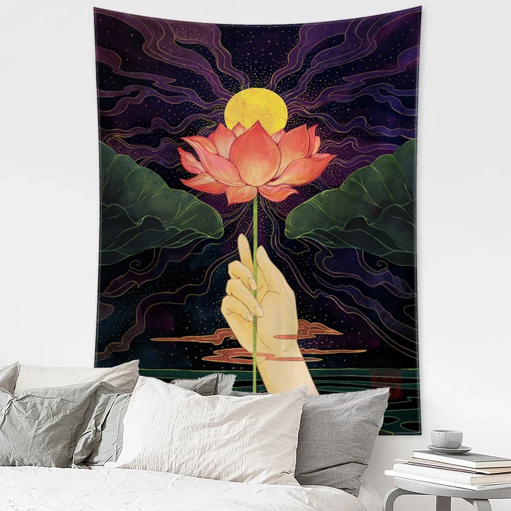 Lotus Sunset Oil Painting Tapestry Wall Hanging Bohemian Style Hippie Tapiz Witchcraft Psychedelic Art Home Decor