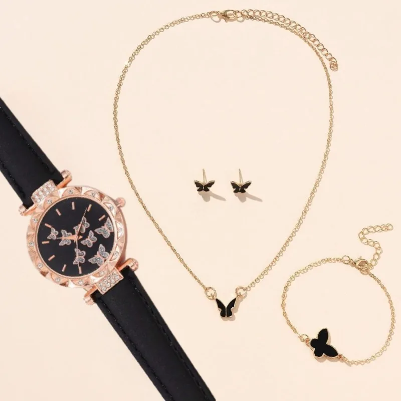 

Высокое качество комплект ювелирных изделий с бабочками женские часы кожаные кварцевые часы кольца ожерелье серьги браслет свадебный подарок Montre Femme