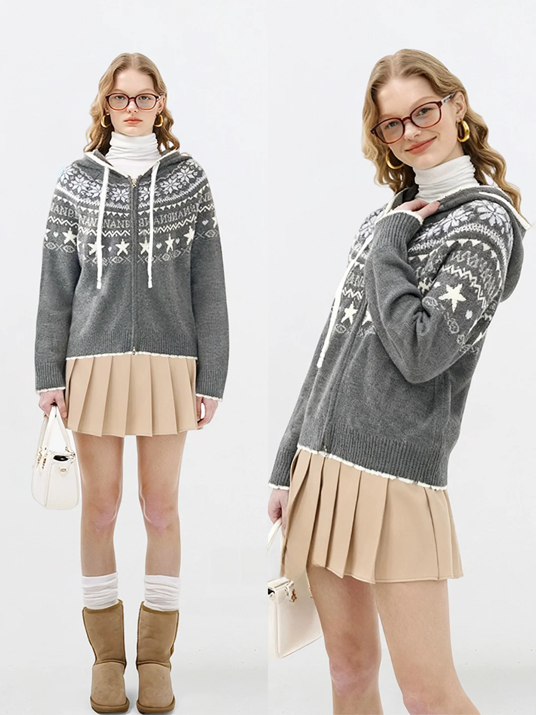 

Женский зимний утепленный вязаный кардиган-пальто AHMI Nordic Fair Isle с капюшоном, теплый, на молнии