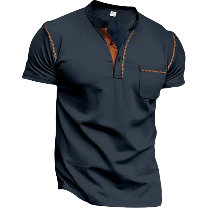 New Summer Men's Henry Collar Short Sleeve Golf Polo Shirt Personality Pocket Style Casual Breathable Sports Street Fashion Top - view 5